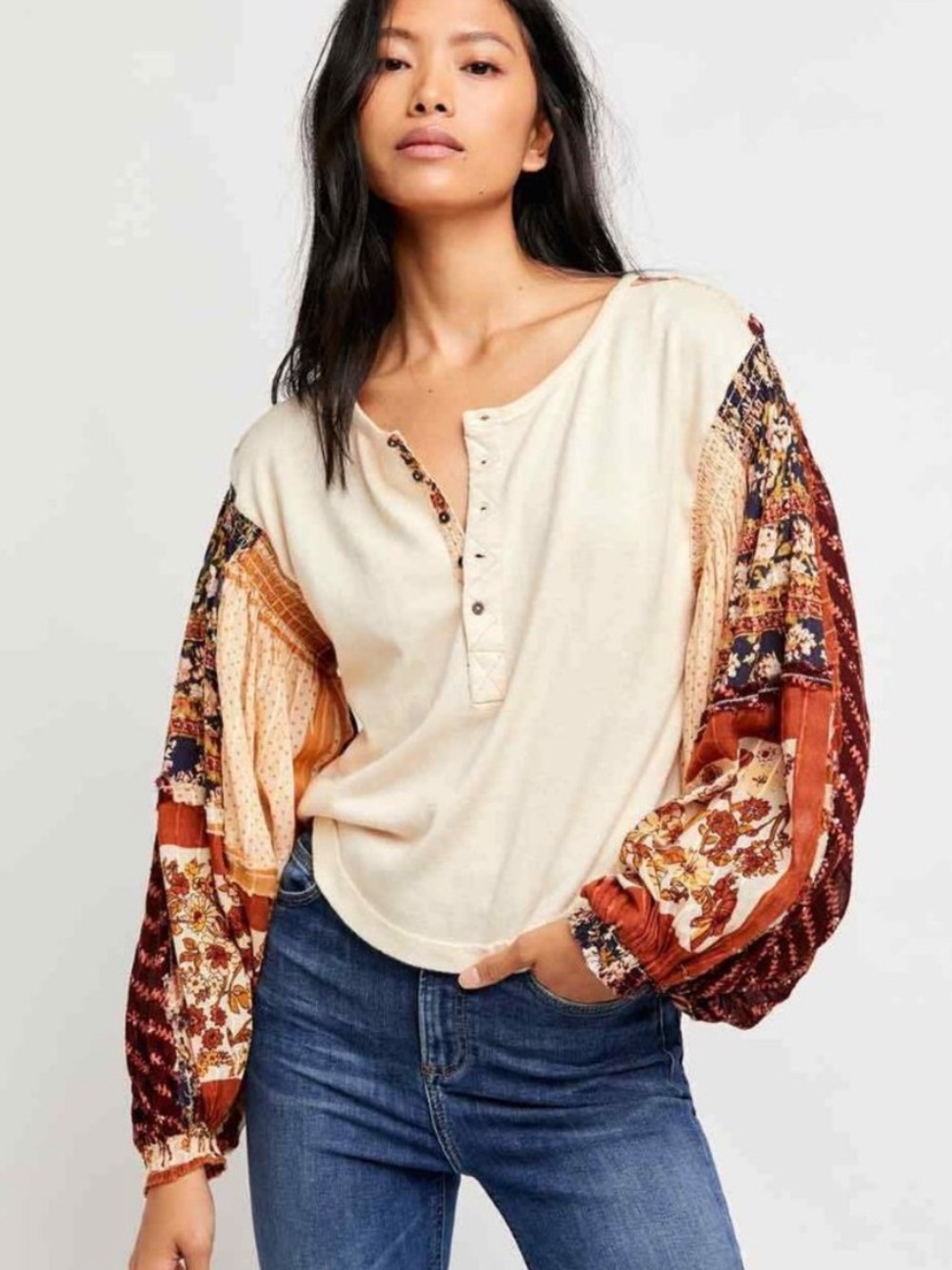 Free People Light Magic Henley Vanilla Creme Balloon Sleeve Top M